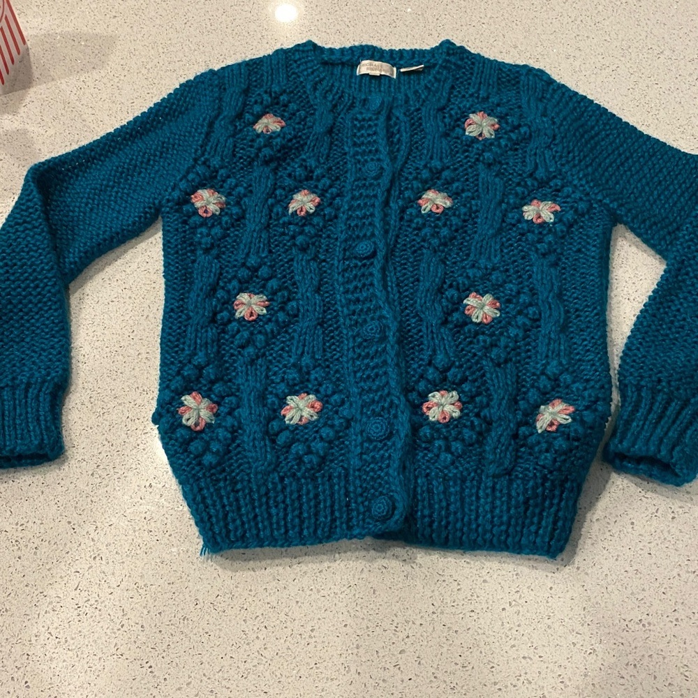 Michael Richards Wo‎ Size Small Vintage Teal Knit Sweater with Floral Embroidery